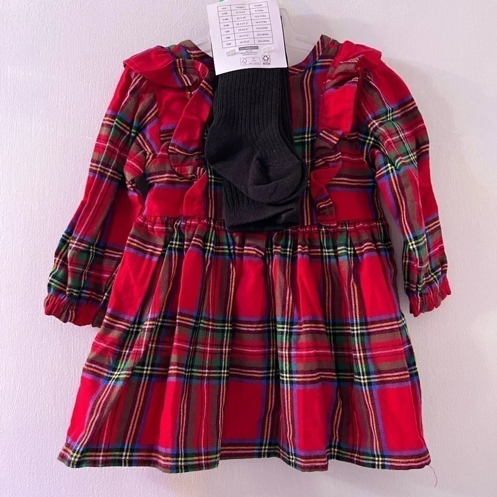 Baby Girls Plaid Dress Outfit with Matching Tights size 0-3 M